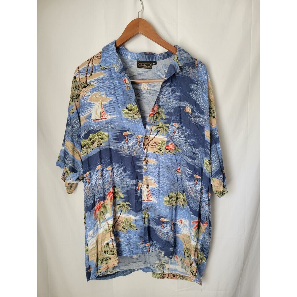 Monzini Collection Men's XL Blue Hawaiian Beach Scene Button‎ Down Shirt Casual